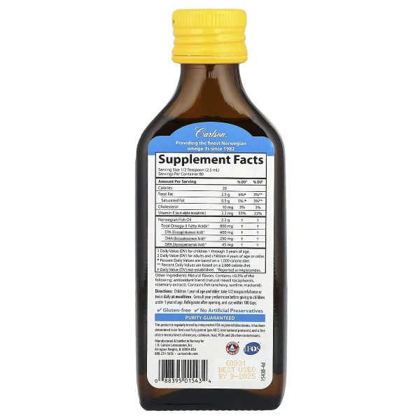 Риб’ячий жир для дітей Carlson (Kid's The Very Finest Fish Oil) 800 мг 200 мл зі смаком натурального лимона
