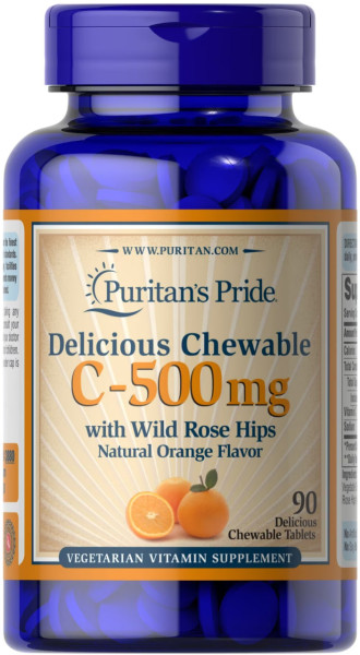 Вітамін С з шипшиною, Vitamin C, Puritan's Pride, смак апельсина, 500 мг, 90 жувальних таблеток