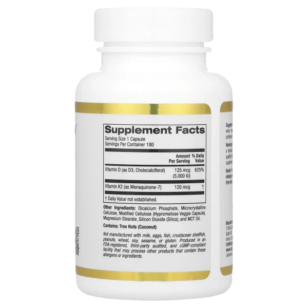 California Gold Nutrition, вітаміни D3 й K2 у формі MK-7, 180 рослинних капсул