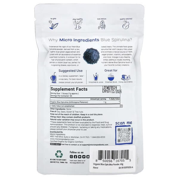 Органическая спирулина синяя Micro Ingredients (Organic Blue Spirulina) 60 г