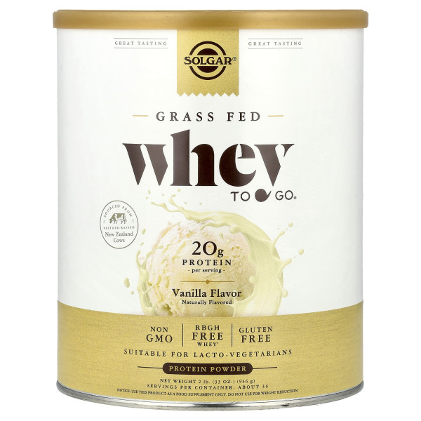 Solgar, Whey To Go®, для трав’яного вигодовування, протеїновий порошок, ваніль, 936 г (2 фунти)