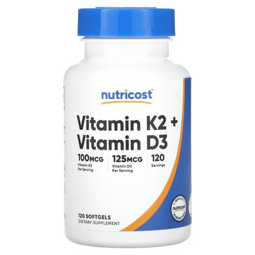 Витамин K2 и D3 5000 МЕ/100 мкг Nutricost (Vitamin K2 + Vitamin D3) 120 жидких капсул