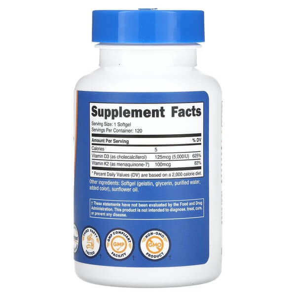 Витамин K2 и D3 5000 МЕ/100 мкг Nutricost (Vitamin K2 + Vitamin D3) 120 жидких капсул