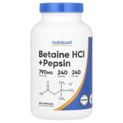 Бетаїн гідрохлорид з пепсином Nutricost (Betaine HCl + Pepsin) 240 капсул