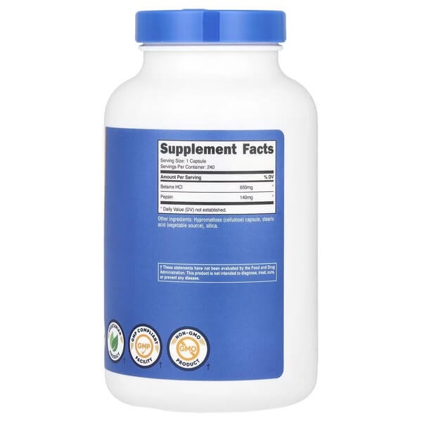 Бетаїн гідрохлорид з пепсином Nutricost (Betaine HCl + Pepsin) 240 капсул