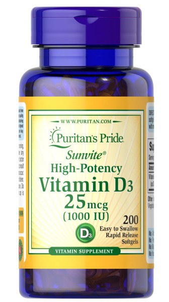 Витамин D3, Vitamin D3, Puritan's Pride, 25 мкг (1000 МО), 200 гелевых капсул