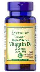 Вітамін D3, Vitamin D3, Puritan's Pride, 25 мкг (1000 МО), 200 гелевих капсул