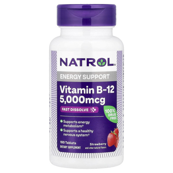 Вітамін В12 Natrol (Vitamin B-12 Fast Dissolve) 5000 мкг 100 пігулок зі смаком полуниці