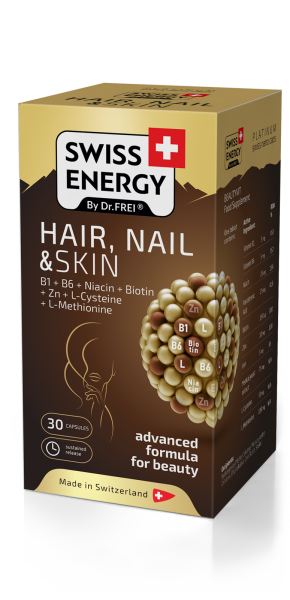 Здоров'я шкіри, волосся та нігтів, HAIR, NAIL & SKIN B1+B6+Niacin+Biotin+Zn+L-Cys+L-Met, Swiss Energy, 30 капсул