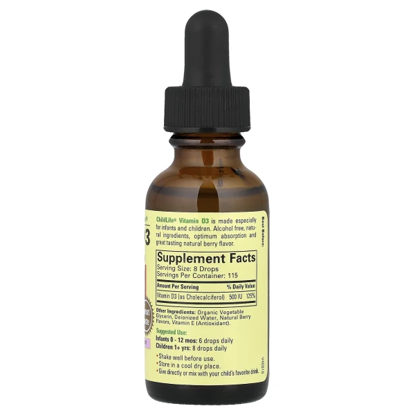 Жидкий витамин D3 ChildLife (Vitamin D3 Drops) 500 ME 30 мл со вкусом ягод