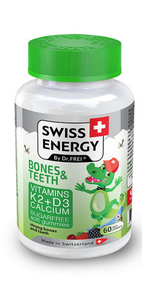 Здоров'я кісток та зубів, для дітей від 3 років, BONES & TEETH Vitamins K2, D3, Calcium, Swiss Energy, без цукру, 60 жувальних цукерок