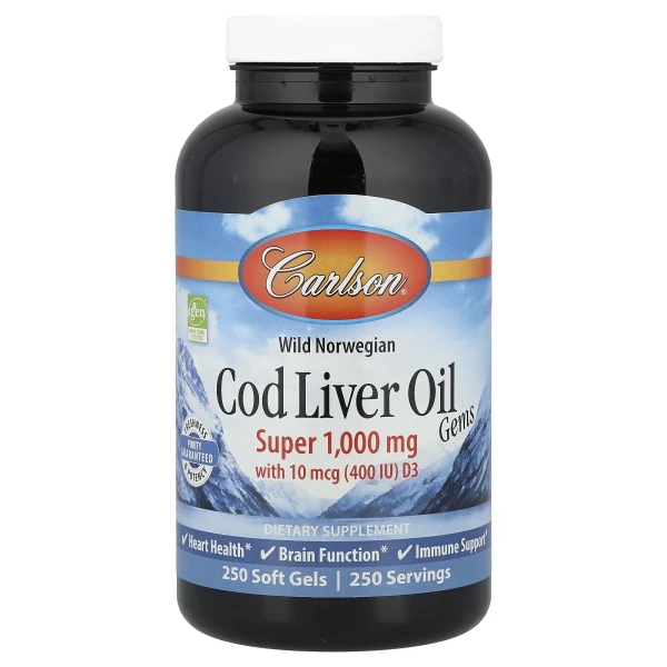 Жир із печінки дикої норвезької тріски Carlson (Wild Norwegian Cod Liver Oil) найвища якість 1000 мг 250 капсул