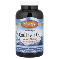 Жир із печінки дикої норвезької тріски Carlson (Wild Norwegian Cod Liver Oil) найвища якість 1000 мг 250 капсул