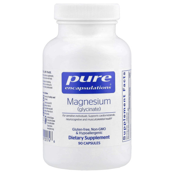 Магний глицинат, Magnesium (glycinate), Pure Encapsulations, для снятия стресса, сна, здоровья сердца, нервов, мышц и метаболизма, 120 мг, 90 капсул