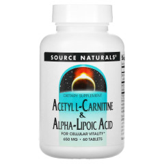 Ацетил карнітин + альфа-ліпоєва кислота, Acetyl L-Carnitine &amp; Alpha Lipoic Acid, Source Naturals, 650 мг, 60 таблеток