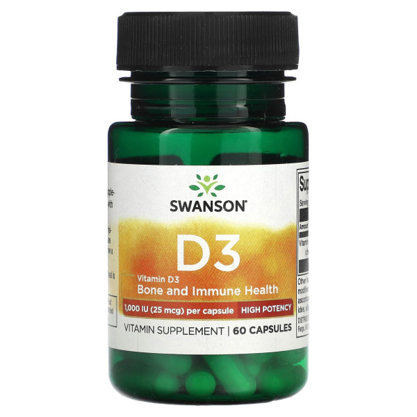 Swanson, вітамін D3, 25 мкг (1000 МО), 60 капсул