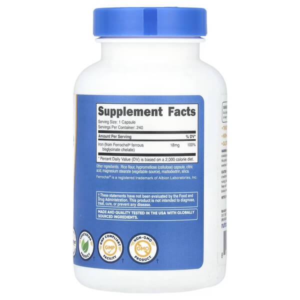 Железо хелатное 18 мг Nutricost (Iron Chelate From Ferrochel) 240 капсул
