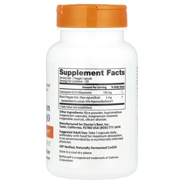 Doctor's Best, коензим Q10 із високим ступенем засвоєння та BioPerine®, 100 мг, 120 веганських капсул