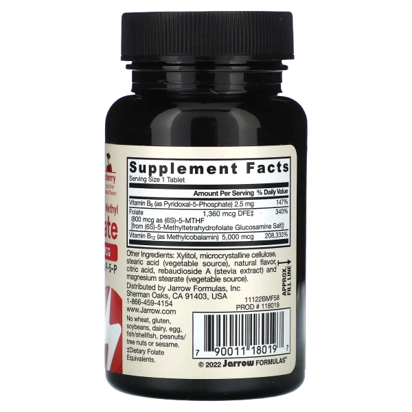 Метилфолат і метил B-12 Jarrow Formulas (Methyl B-12 & Methyl Folate Cherry Flavor) 5000/800 мкг 60 льодяників зі смаком вишні