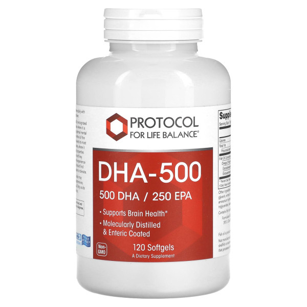 Докозагексаеновая кислота (ДГК), DHA-500, Protocol for Life Balance, 500 ДГК/250 ЭПК, 120 гелевых капсул