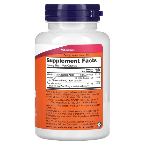 NOW Foods, C-1000, цинк і D-3, 100 вегетаріанських капсул