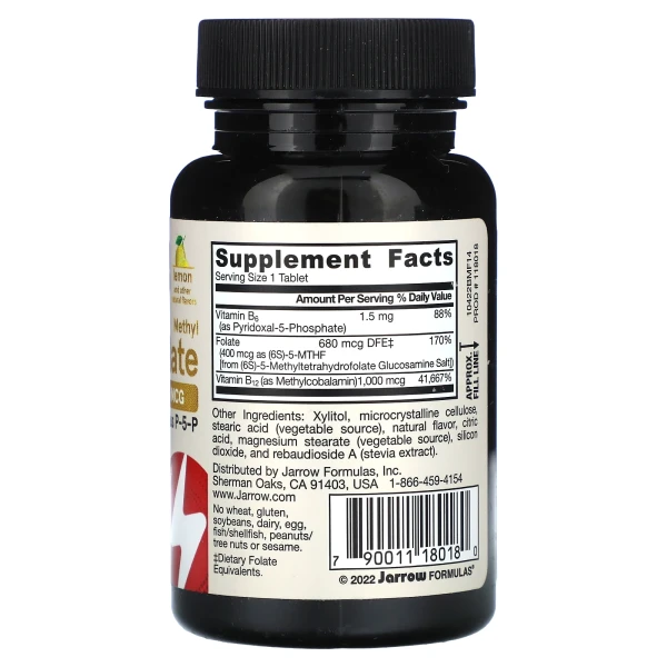 Метилфолат і метил B12 Jarrow Formulas (Methyl B-12 & Methyl Folate) 1000 мкг/400 мкг 100 жувальних таблеток зі смаком лимона