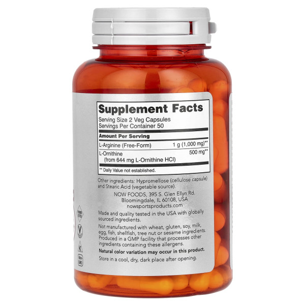Аргінін Орнітин Now Foods (Arginine Ornithine) 500 мг250 мг 100 капсул