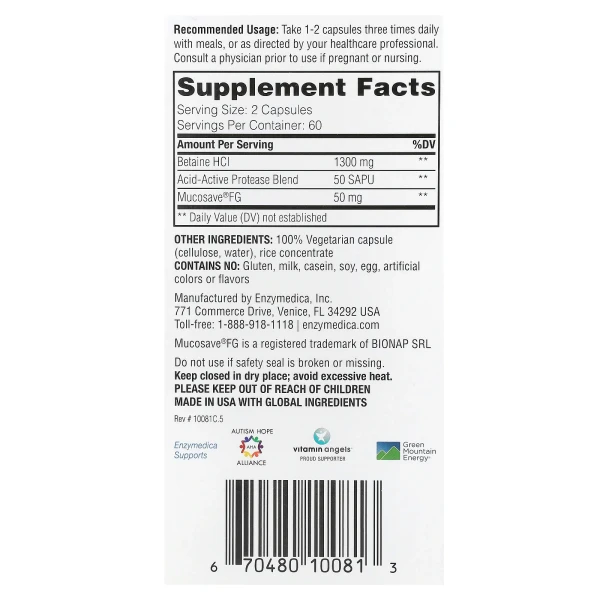 Бетаїн гідрохлорид Enzymedica (Betaine HCI) 120 капсул