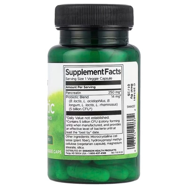 Пробиотики с ферментами пищеварения 5 млрд КОЕ Swanson (Probiotic with Digestive Enzymes) 60 капсул