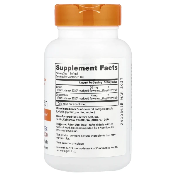 Doctor's Best, лютеїн з Lutemax 2020, 20 мг, 180 капсул