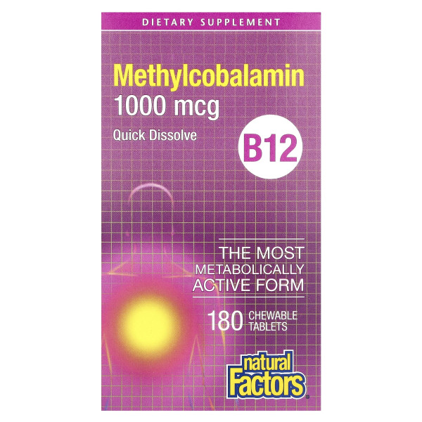 Natural Factors, B12, метилкобаламін, 1000 мкг, 180 жувальних таблеток