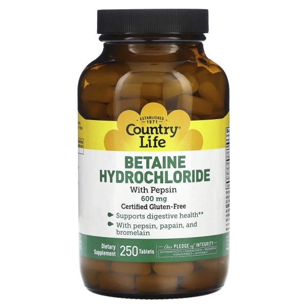 Бетаїн гідрохлорид Country Life з пепсином (Betaine Hydrochloride) 600 мг 250 таблеток