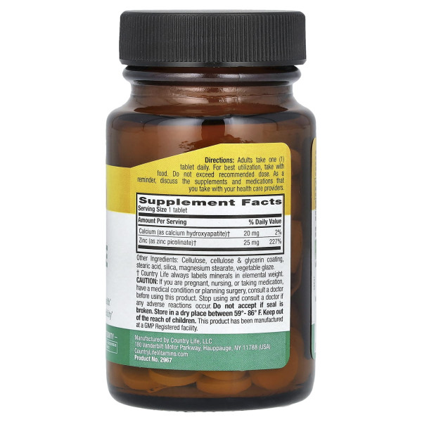 Цинк піколінат Country Life (Zinc Picolinate) 25 мг 100 таблеток