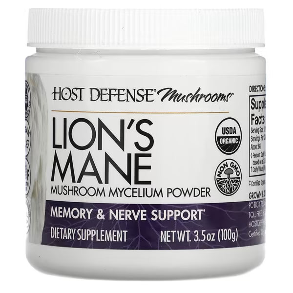 Їжовик гребінчастий, Lion's Mane, Host Defense, порошок грибного міцелію, для підтримки пам'яті та нервової системи, 100 г