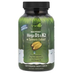 Вітамін D3 4000 МО та К2 120 мкг з екстрактом куркуми Irwin Naturals (Mega D3 &amp; K2 + Turmeric Extract) 60 рідких капсул