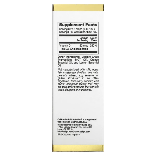 California Gold Nutrition, вітамін D3, зі смаком цитрусових, 50 мкг (2000 МО), 30 мл