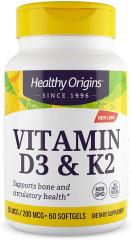 Вітамін D3 і К2, Vitamin D3 + K2, Healthy Origins, 60 гелевих капсул