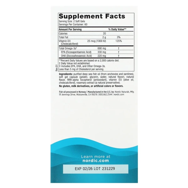 Омега-3 з вітаміном D Nordic Naturals (Omega-3D) 345 мг 120 капсул зі смаком лимона