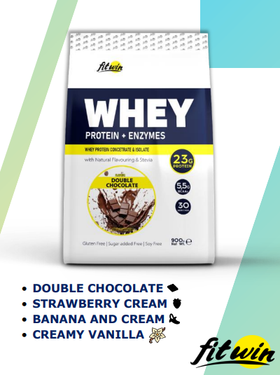 Сироватковий протеїн з ферментами 77% FitWin (WHEY Protein + Enzymes) 900 грам зі смаком подвійного шоколаду