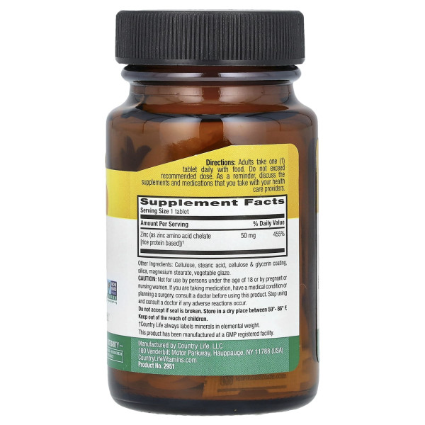 Цинк хелатний Country Life (Chelated Zinc) 50 мг 100 таблеток