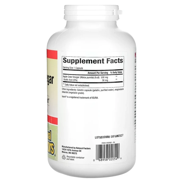 Natural Factors, яблучний оцет, 500 мг, 360 капсул