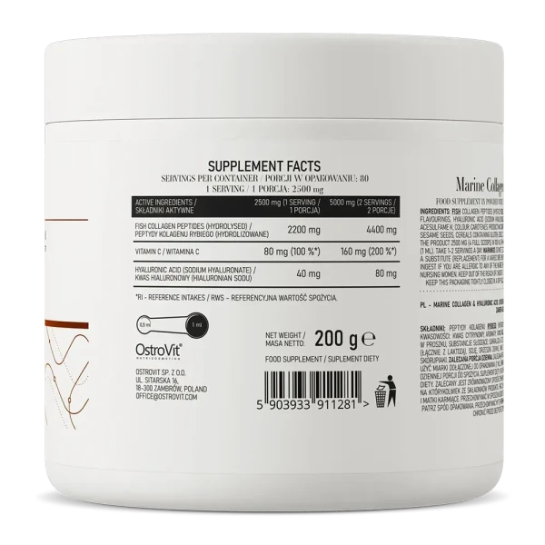 Морський колаген Ostrovit та гіалуронова Кислота Marine Collagen & Hyaluronic Acid кокос-персик 200 г