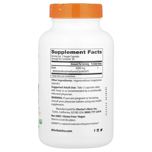 Вегетаріанський МСМ Doctor's Best (MSM with OptiMSM) 1000 мг 180 капсул