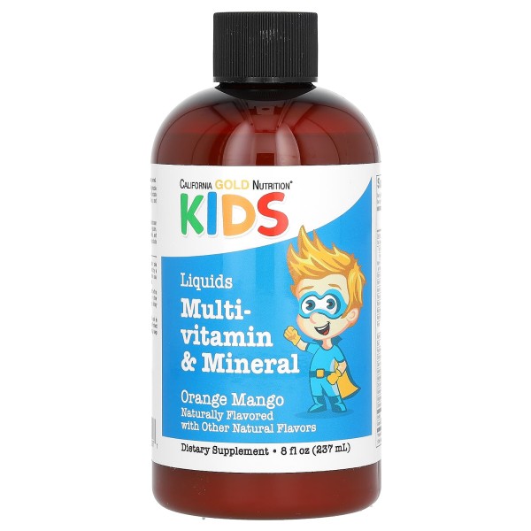 Жидкие мультивитамины и микроэлементы для детей California Gold Nutrition (Kids Liquid Multivitamin) 237 мл с кальцием, витаминами B12, C и D3 без спирта со вкусом апельсина и манго