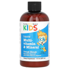 Рідкі мультивітаміни та мікроелементи для дітей California Gold Nutrition (Kids Liquid Multivitamin) 237 мл з кальцієм, вітамінами B12, C й D3 без спирту зі смаком апельсина та манго