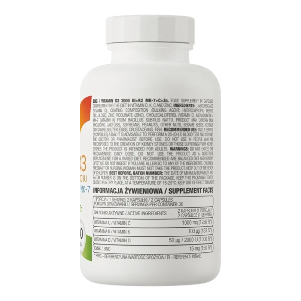 Витамин D3 Ostrovit 2000 IU + K2 MK-7 + C + Цинк Vitamin D3 2000 IU + K2 MK-7 + C + Zinc 60 капсул