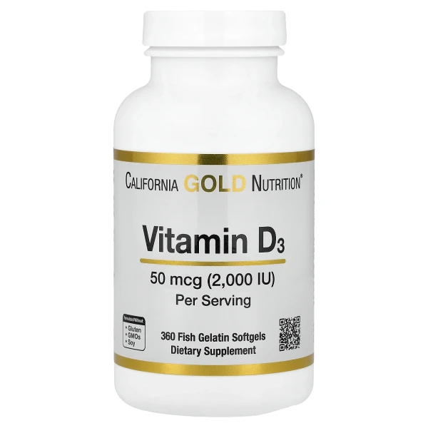 California Gold Nutrition, вітамін D3, 50 мкг (2000 МО), 360 капсул із риб’ячого желатину