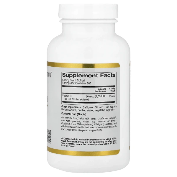 California Gold Nutrition, вітамін D3, 50 мкг (2000 МО), 360 капсул із риб’ячого желатину