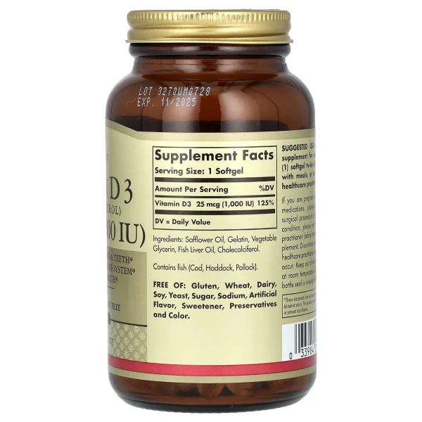 Вітамін D3 (холекальциферол) Solgar (Vitamin D3) 25 мкг (1000 МО) 250 капсул