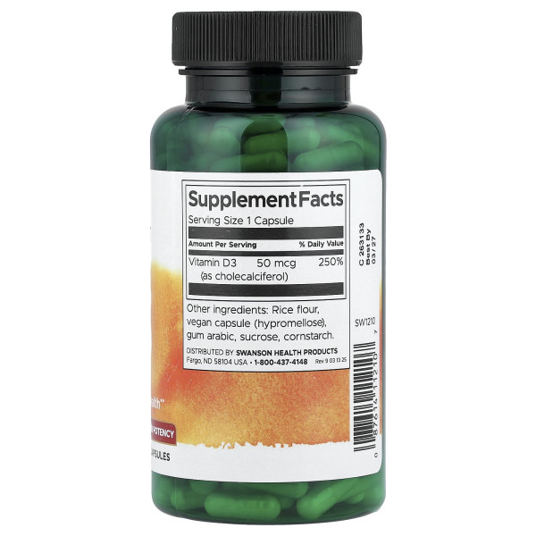 Високоефективний вітамін Д3 Swanson (Vitamin D3) 50 мкг 250 капсул
